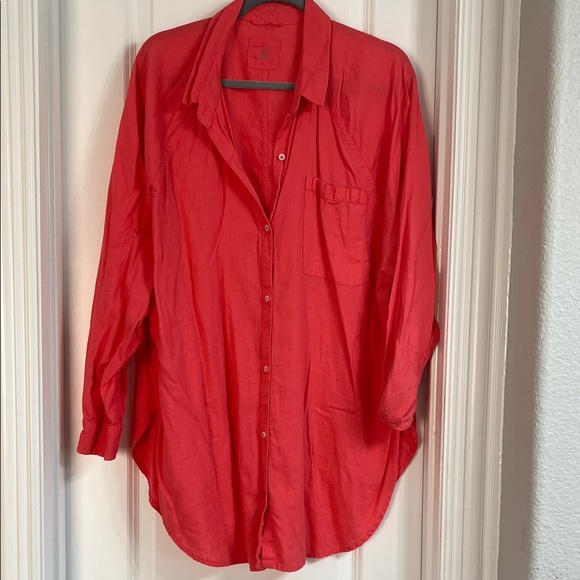 Never Worn Aerie Linen Blend Coverup Shirt Haute Coral Size Large - Picture 7 of 8